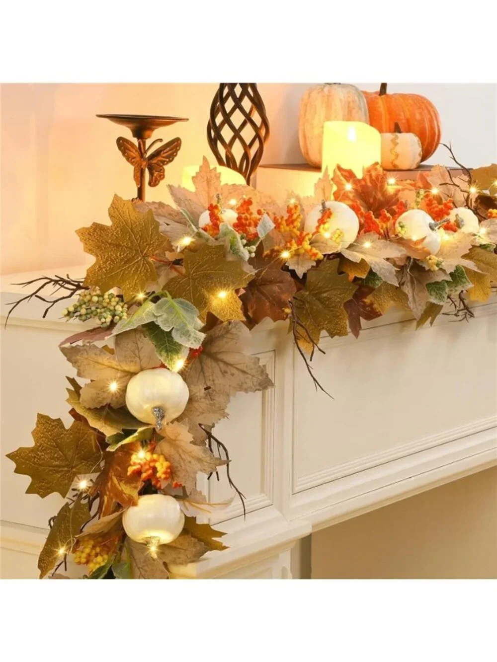 Lighted Fall Garland with Maple Leaves White Pumpkins Berry 6FT